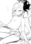  1girl absurdres blue_archive breasts clothes_lift eyebrows_visible_through_hair hair_ornament halo highres long_hair long_sleeves monochrome mutsuki_(blue_archive) navel shirt shirt_lift short_shorts shorts side_ponytail simple_background sitting small_breasts syhan white_background 