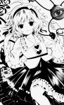  1341398tkrtr 1girl ahoge bags_under_eyes blouse buttons commentary cowboy_shot eyebrows_visible_through_hair frilled_shirt_collar frilled_skirt frilled_sleeves frills frown greyscale hair_ornament hairband hands_up heart heart_button heart_hair_ornament high_contrast highres komeiji_satori long_sleeves looking_at_viewer monochrome ribbon_trim short_hair skirt solo third_eye touhou wavy_mouth wide_sleeves 
