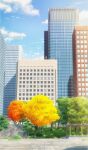  autumn blue_sky building bush city cityscape clouds english_commentary grass highres isbeyvan japan no_humans original park scenery shadow sky tree window 