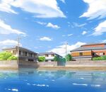  blue_sky building clouds commentary fence highres house isbeyvan no_humans original outdoors power_lines reflection scenery sky tree utility_pole wall water window 