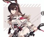  1girl :q animal_ears april_(arknights) arknights bangs bow_(weapon) bracelet breasts brown_hair buckle collared_dress cowboy_shot dress earclip fingerless_gloves gloves grey_eyes holding holding_bow_(weapon) holding_weapon id_card infection_monitor_(arknights) jacket jewelry k6anxrfvmizw70w long_hair long_sleeves rabbit_ears rabbit_girl single_glove solo tongue tongue_out weapon white_jacket 