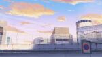  building cityscape clouds commentary_request fence highres isbeyvan japan lamppost no_humans original outdoors purple_sky reflection road_sign scenery sign sky sunset window 