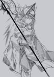  1girl alternate_costume arknights bangs cloak closed_mouth commentary_request expressionless eyebrows_visible_through_hair feet_out_of_frame hair_between_eyes hat holding holding_weapon looking_at_viewer monochrome plume_(arknights) sasa_onigiri sketch solo uniform weapon 