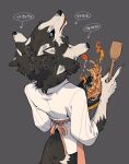  3boys apron black_fur black_sclera blue_eyes body_fur cerberus claws colored_sclera cooking dog_boy drooling fangs fire frying_pan furry furry_male grey_background highres holding holding_frying_pan holding_spatula juanmao long_sleeves looking_at_viewer looking_back multiple_boys multiple_heads original pink_apron sharp_teeth shirt sleeves_pushed_up spatula tail teeth tongue tongue_out white_fur white_shirt 