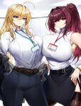  2girls ahoge artoria_pendragon_(fate) artoria_pendragon_(lancer)_(fate) bangs belt belt_buckle blonde_hair bracelet breasts buckle casul collared_shirt eyebrows_visible_through_hair fate/grand_order fate_(series) green_eyes hair_between_eyes hand_on_hip highres id_card jacket jacket_partially_removed jewelry large_breasts long_hair looking_at_viewer multiple_girls office_lady pants ponytail red_eyes scathach_(fate) shirt skirt sleeveless sleeveless_shirt thigh-highs violet_eyes 