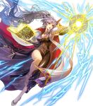  1girl armor bangs book breasts cape dress fire_emblem fire_emblem_genealogy_of_the_holy_war fire_emblem_heroes hair_ornament high_heels highres ishtar_(fire_emblem) jewelry long_dress long_hair magic nijihayashi non-web_source official_art ponytail purple_eyes purple_hair shoulder_armor solo 