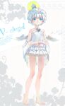  1girl angel angel_wings bare_legs bare_shoulders barefoot bell blue_eyes blush choker crown dress feathered_wings flower_wreath full_body head_wreath highres jewelry kaede_(shijie_heping) neck_bell original own_hands_together ring short_hair sleeveless sleeveless_dress smile solo white_dress white_hair white_wings wings 