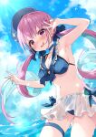  1girl absurdres bangs blush breasts eyebrows_visible_through_hair hat highres hololive houshou_marine_(artist) legs long_hair navel pink_eyes solo swimsuit tearing_up thigh_strap virtual_youtuber wet 