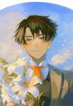  1boy ace_attorney alternate_costume ascot ato_(ml_cc_g) black_hair blush closed_mouth clouds flower grey_jacket hair_between_eyes highres holding holding_flower jacket kazuma_asogi looking_at_viewer male_focus orange_ascot petals sky solo the_great_ace_attorney upper_body white_flower 