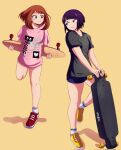  bare_legs boku_no_hero_academia brown_eyes brown_hair highres jirou_kyouka no_pants purple_hair shirt shoes short_hair shorts skateboard smile socks steffy_bs steffybs t-shirt teeth twitter_username uraraka_ochako violet_eyes yellow_background 