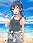  1girl beach blue_hair blue_sky blush bottle can cloud cloudy_sky company_name highres holding jacket jacket_around_waist long_hair looking_at_viewer love_live!_school_idol_project open_mouth outdoors pocari_sweat running sand scenery sea sleeveless solo sonoda_umi standing sweat tank_top tetopetesone wet wet_hair wet_shirt yellow_eyes 