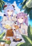  2girls :i absurdres ahoge bangs blue_hair blue_sky blurry blurry_foreground closed_mouth clouds cloudy_sky commentary day depth_of_field dress eating english_commentary eyebrows_visible_through_hair flower food ganyu_(genshin_impact) genshin_impact hair_between_eyes hair_cones hair_flower hair_ornament hayate_fish highres holding holding_food holding_plate horizon keqing_(genshin_impact) long_hair looking_at_viewer multiple_girls off-shoulder_dress off_shoulder on_bench outdoors parted_lips plate purple_hair red_eyes sitting sky smile twintails very_long_hair violet_eyes water white_flower 