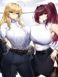  2girls ahoge alternate_hairstyle artoria_pendragon_(fate) artoria_pendragon_(lancer)_(fate) bangs belt blue_eyes breasts casul collared_shirt fate/grand_order fate_(series) formal hair_between_eyes hair_down high-waist_skirt highres large_breasts long_hair looking_at_viewer multiple_girls office office_lady pants pencil_skirt ponytail purple_hair red_eyes scathach_(fate) shirt shirt_tucked_in skirt swept_bangs thigh-highs very_long_hair 