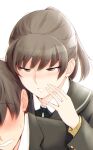  1boy 1girl amagami bangs black_hair black_jacket blush commentary_request eyebrows_visible_through_hair highres jacket kibito_high_school_uniform long_sleeves open_mouth ponytail sasaki_akira_(ugc) school_uniform short_hair tachibana_jun&#039;ichi tsukahara_hibiki whispering 