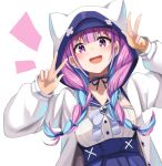  1girl :d abi_(abimel10) anchor_symbol blue_bow blue_hair blue_skirt blush bow braid breasts double_v hands_up high-waist_skirt hololive hood hood_up hooded_jacket jacket long_hair long_sleeves low_twintails medium_breasts minato_aqua multicolored_hair notice_lines pink_hair pleated_skirt puffy_long_sleeves puffy_sleeves shirt simple_background skirt smile solo streaked_hair twin_braids twintails two-tone_hair upper_body v very_long_hair violet_eyes virtual_youtuber white_background white_jacket white_shirt 