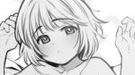  1girl bare_shoulders bed_sheet cardcaptor_sakura close-up collarbone eyebrows_visible_through_hair from_above greyscale hands_up kinomoto_sakura looking_at_viewer lying monochrome on_back parted_lips portrait short_hair sidelocks solo ukokkei 