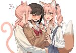  1girl 2others absurdres akiyama_mizuki animal_ears bangs blush bow bowtie brown_hair cat_ears cat_girl cat_tail closed_eyes collared_shirt commentary dual_persona facing_another fox_ears fox_girl fox_tail hair_between_eyes heart highres kiss kissing_cheek long_hair long_sleeves looking_at_another multiple_others namgic open_mouth pink_eyes pink_hair project_sekai red_bow red_bowtie sandwiched shinonome_ena shirt side_ponytail smile spoken_heart sweat symbol-only_commentary tail upper_body white_background 