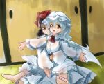  1980s_(style) ascot bad_id bad_twitter_id barefoot bat_wings black_hair bloomers blue_hair bow dress feet_out_of_frame frilled_dress frilled_sleeves frills hair_bow hakurei_reimu hat hug long_sleeves medium_hair mob_cap open_mouth red_ascot red_bow red_eyes remilia_scarlet retro_artstyle sitting sketch soles takemoto_izumi_(style) toes touhou underwear white_bloomers white_dress wings yatyou 