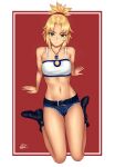  1girl 2dswirl blonde_hair boots braid breasts crop_top denim denim_shorts fate/apocrypha fate/grand_order fate_(series) green_eyes highres jewelry looking_at_viewer medium_breasts mordred_(fate) mordred_(fate/apocrypha) mordred_(memories_at_trifas)_(fate) necklace scrunchie shorts sitting solo thighs 