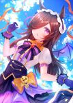  1girl animal_ears black_skirt blush brown_hair buttons clouds cloudy_sky day demon_wings gloves hair_over_one_eye haruhitooo highres horse_ears horse_girl long_hair make_up_in_halloween!_(umamusume) open_mouth puffy_short_sleeves puffy_sleeves purple_gloves rice_shower_(umamusume) shirt short_sleeves skirt sky solo umamusume upper_body violet_eyes white_shirt wings 