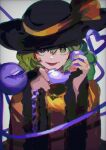  1girl :p bad_id bad_twitter_id black_headwear blouse bright_pupils closed_mouth corded_phone frilled_sleeves frills gotagotay green_eyes green_hair grey_background hair_between_eyes hands_up hat hat_ribbon heart heart_of_string highres holding holding_phone komeiji_koishi long_sleeves looking_at_viewer medium_hair phone ribbon simple_background solo third_eye tongue tongue_out touhou upper_body white_pupils wide_sleeves yellow_blouse yellow_ribbon 