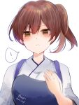  ! 1girl absurdres blush brown_eyes brown_hair closed_mouth eiji_(monochromexd) eyebrows_visible_through_hair hair_between_eyes highres japanese_clothes kaga_(kancolle) kantai_collection long_hair muneate side_ponytail signature simple_background solo spoken_exclamation_mark tasuki twitter_username upper_body white_background 
