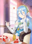  1girl azura_(fire_emblem) bangs blue_hair cake chair closed_eyes detached_sleeves dress eating eyebrows_visible_through_hair fingerless_gloves fire_emblem fire_emblem_fates food fork gloves hair_between_eyes heart highres holding holding_fork igni_tion jewelry long_hair necklace plate sitting strawberry_shortcake table veil very_long_hair white_dress 
