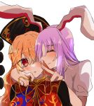 2girls absurdres animal_ears arm_around_neck blonde_hair blue_eyes blush chinese_clothes closed_eyes cropped_torso crying crying_with_eyes_open eyebrows_visible_through_hair face-to-face hair_between_eyes hara22hara highres junko_(touhou) long_hair long_sleeves looking_at_another multiple_girls phoenix_crown pom_pom_(clothes) rabbit_ears red_eyes reisen_udongein_inaba ribbon shirt short_sleeves smile tabard tears touhou white_shirt wiping_tears yuri 