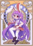  1girl absurdres animal_ears blush finger_gun full_body highres long_hair looking_at_viewer manncho moon_phases necktie open_mouth outline pleated_skirt purple_hair rabbit_ears red_eyes reisen_udongein_inaba shirt shoes short_sleeves skirt solo thigh-highs touhou very_long_hair white_legwear white_outline 