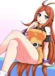  1girl belt breasts brown_hair character_request commentary cougar_(cougar1404) dress english_commentary green_eyes jewelry long_hair looking_at_viewer skirt solo very_long_hair 