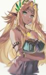  1girl aqua_eyes armlet bare_shoulders blonde_hair blush bracelet breasts circlet dress earrings hair_ornament highres jewelry large_breasts long_hair looking_at_viewer necklace parted_bangs parted_lips pointy_ears princess_zelda shuri_(84k) solo the_legend_of_zelda 