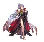 1girl absurdres armor bangs book breasts cape commentary_request dress fire_emblem fire_emblem:_genealogy_of_the_holy_war fire_emblem_heroes hair_ornament high_heels highres ishtar_(fire_emblem) jewelry long_dress long_hair nijihayashi official_art ponytail purple_hair shoulder_armor simple_background solo violet_eyes white_background