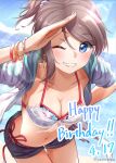  beach bikini birthday brown_hair closed_mouth dated earrings happy_birthday highres hood hoodie jacket jewelry love_live! love_live!_sunshine!! ocean shorts smile swimsuit teeth yatoroku 