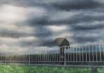  1girl absurdres artist_name blue_skirt clouds dark_clouds english_commentary fence grass highres holding holding_umbrella instagram_username isbeyvan original outdoors rain scenery skirt solo sweater umbrella watermark wide_shot yellow_sweater 