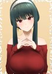  1girl bangs bare_shoulders blush breasts collarbone earrings gold_earrings green_hair hairband highres jampen jewelry large_breasts long_hair long_sleeves looking_at_viewer off-shoulder_sweater off_shoulder red_eyes red_sweater sidelocks smile solo spy_x_family sweater yor_briar 