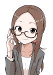  1girl absurdres bespectacled brown_eyes brown_hair closed_mouth coat forehead glasses highres inaba_mifumi looking_at_viewer ribbon shirt smile takagi-san white_background white_shirt 