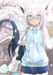  1girl absurdres ahoge animal_ear_fluff animal_ears bag bangs blue_bow blue_bowtie blue_skirt blue_sweater_vest blurry blurry_background blush bow bowtie braid braided_ponytail cherry_blossoms commentary_request day earrings extra_ears eyebrows_visible_through_hair fox_ears fox_girl fox_tail glasses green_eyes hair_between_eyes hair_bow highres hololive jewelry long_hair long_sleeves looking_at_viewer matudo_yuu outdoors pentagram pleated_skirt shirakami_fubuki shirt shoulder_bag sidelocks single_braid skirt smile solo sukonbu_(shirakami_fubuki) sweater_vest tail virtual_youtuber white_hair white_shirt 