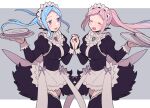  2girls :d apron bangs black_dress blue_hair blush bridal_gauntlets do_m_kaeru dress felicia_(fire_emblem) fire_emblem fire_emblem_fates flora_(fire_emblem) frills grey_eyes holding holding_hands holding_plate long_hair long_sleeves maid maid_headdress multiple_girls open_mouth pink_hair plate ponytail siblings simple_background sisters smile twins twintails waist_apron white_apron 