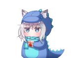  1girl animal_ear_fluff animal_ears apple_juice aqua_eyes aurajikun blue_archive blush chibi cross_hair_ornament dinosaur_costume drinking_straw ears_through_headwear eyebrows_visible_through_hair grey_hair hair_between_eyes hair_ornament holding hood hood_up korean_commentary medium_hair mismatched_pupils pout scarf shadow shiroko_(blue_archive) simple_background solo spikes standing white_background 