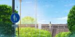  1girl artist_name blue_sky blurry building bush clouds depth_of_field english_commentary flower highres instagram_username isbeyvan japanese_clothes kimono original pedestrian_crossing_sign ponytail power_lines road_sign scenery sign sky solo stairs utility_pole watermark white_kimono wide_shot 