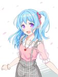  1girl bang_dream! bangs bracelet collarbone eyebrows_visible_through_hair hair_ribbon jewelry light_blue_hair long_hair matsubara_kanon necklace one_side_up open_mouth pink_shirt puffy_short_sleeves puffy_sleeves red_ribbon ribbon shirt short_sleeves smile solo violet_eyes yazawa_happyaro 