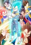  1boy adjusting_clothes adjusting_gloves age_progression armor back black_bodysuit black_hair blood blood_on_face blue_bodysuit blue_eyes blue_hair bodysuit boots brown_hair cape chest_armor child closed_mouth dragon_ball dragon_ball_gt dragon_ball_super dragon_ball_z evil_smile facial_mark fuoore_(fore0042) gloves green_eyes highres injury looking_at_viewer majin_vegeta male_focus muscular muscular_male open_mouth red_cape red_eyes redhead saiyan saiyan_armor short_hair smile spiky_hair super_saiyan super_saiyan_1 super_saiyan_2 super_saiyan_4 super_saiyan_blue super_saiyan_god vegeta white_gloves 