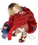 1boy atie1225 bag blonde_hair calf_socks cat chinese_commentary game_console gengar haikyuu!! headphones headphones_around_neck headphones_removed highres jacket keychain kozume_kenma looking_to_the_side male_focus multicolored_hair nintendo_switch oversized_clothes phone shoes sketch sleeves_past_fingers sleeves_past_wrists sneakers socks solo squatting two-tone_hair white_background yellow_eyes 
