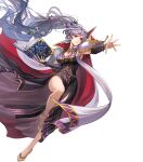  1girl armor bangs book breasts cape dress fire_emblem fire_emblem_genealogy_of_the_holy_war fire_emblem_heroes hair_ornament high_heels highres ishtar_(fire_emblem) jewelry long_dress long_hair nijihayashi non-web_source official_art ponytail purple_eyes purple_hair shoulder_armor solo 