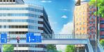  blue_sky building city cityscape clouds commentary_request fence isbeyvan japan lamppost no_humans original outdoors pedestrian_bridge road_sign scenery sign sky traffic_light tree window 