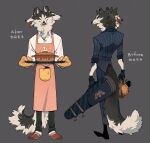  3boys apron before_and_after black_footwear black_fur black_gloves black_sclera blood blood_on_face blue_eyes blue_pants blue_suit body_fur cerberus collared_shirt colored_sclera disembodied_head dog_boy facing_viewer fangs fingernails formal full_body furry furry_male gloves grey_background gun_case highres holding holding_head juanmao long_sleeves looking_back mitten multiple_boys multiple_heads multiple_views original oven_mitts pants pink_apron severed_head sharp_fingernails sharp_teeth shirt sleeves_pushed_up slippers striped striped_pants striped_suit suit tail teeth tongue tongue_out white_fur white_shirt 