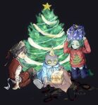  3boys black_hair box christmas christmas_lights christmas_tree colored_skin darren_shan evra_von gift gift_box green_hair green_skin grey_skin harkat_mulds highres hooded_coat long_hair monster_boy multiple_boys pirate_costume short_hair sitting stitched_face sweater ta_y_n the_saga_of_darren_shan 