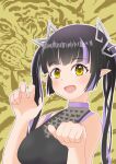  1girl bangs black_hair black_shirt blunt_bangs blush breasts commentary_request demon_girl demon_horns eyebrows_visible_through_hair fang heart heart_print highres horns kojo_anna long_hair looking_at_viewer medium_breasts multicolored_hair no_jacket open_mouth paw_pose pointy_ears print_shirt purple_hair robou_no_stone see-through_shirt shirt sleeveless sleeveless_shirt smile solo sugar_lyric tiger twintails two-tone_hair upper_body virtual_youtuber yellow_eyes 