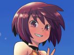  1girl bangs bare_shoulders blue_background brown_hair brown_shirt commentary_request cropped_torso eyebrows_visible_through_hair grin hand_up looking_at_viewer mawaru_(mawaru) original red_eyes shirt sleeveless sleeveless_shirt smile solo upper_body v 