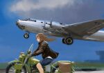  1girl absurdres aircraft airplane bag bangs blue_eyes blue_shorts blue_sky bomber brown_hair brown_jacket clouds commentary ground_vehicle highres jacket long_hair long_sleeves military military_vehicle mirroraptor motor_vehicle motorcycle original propeller riding roundel shirt shorts sky solo taking_off united_states_air_force white_shirt xb-19 
